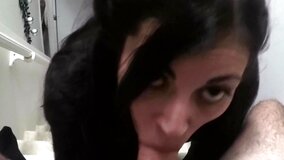 Good-looking brunette dame actively sucks dick and balls