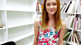 A sexy redhead with a fine ass is getting fucked in her shaved cunt