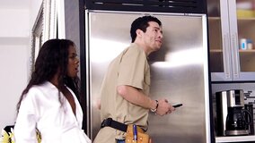 A black girl is getting fucked by a white plumber in her wet pussy