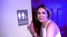 Bitch goes to public toilet and gets on her knees for sucking