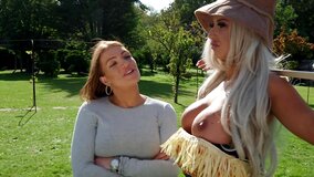 Well-hung stud impales blonde scarecrow with round boobs